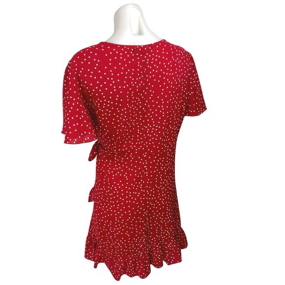 Relipop Red White Short Sleeve Polka Dots Ruffle V Neck Mini Wrap Dress Size XL - Picture 2 of 4